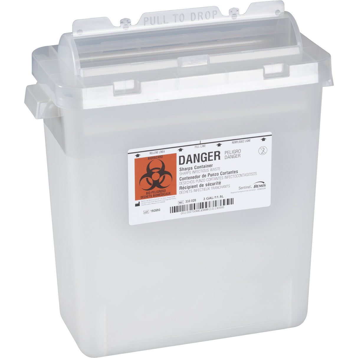 Sharps Container Bemis™ Sentinel Translucent Base 15 H X 13-7/8 L X 6-7/8 W Inch Horizontal Entry 3 Gallon - BeHope