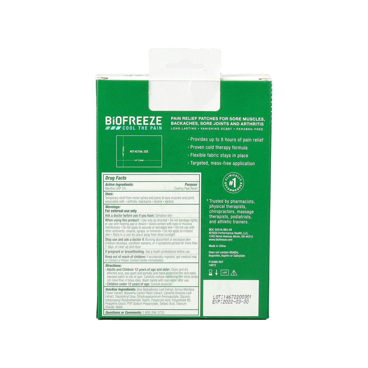 Topical Pain Relief Biofreeze® 5% Strength Menthol Patch - BeHope