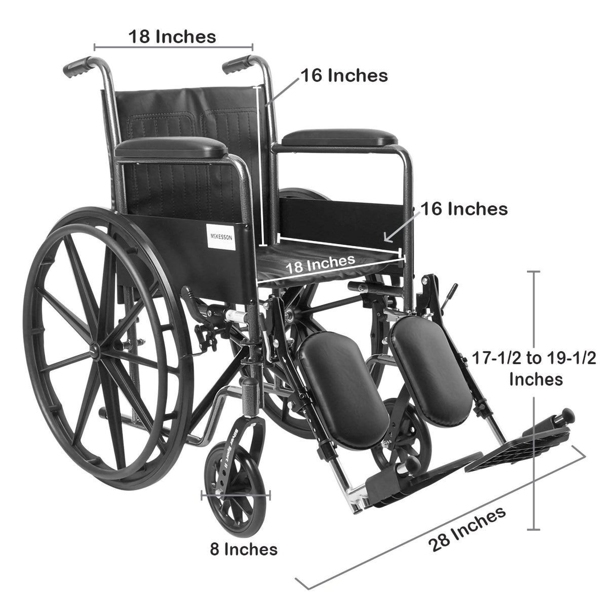 Wheelchair McKesson Dual Axle Full Length Arm Swing-Away Elevating Legrest Black Upholstery 18 Inch Seat Width Adult 300 lbs. Weight Capacity - BeHope