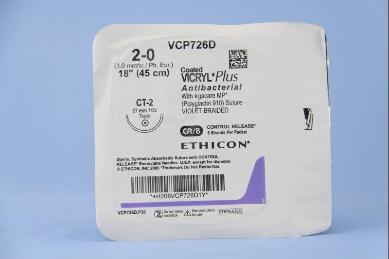 Absorbable Antibacterial Suture with Needle Coated Vicryl™ Plus Polyglactin 910 CT-2 1/2 Circle Taper Point Needle Size 2-0 Braided - BeHope