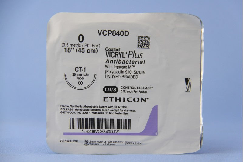Absorbable Antibacterial Suture with Needle Coated Vicryl™ Plus Polyglactin 910 CT-1 1/2 Circle Taper Point Needle Size 0 Braided - BeHope