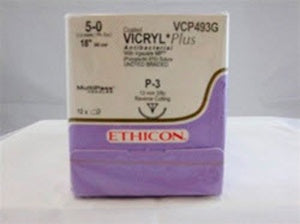 Absorbable Antibacterial Suture with Needle Coated Vicryl™ Plus Polyglactin 910 P-3 3/8 Circle Precision Reverse Cutting Needle Size 5-0 Braided - BeHope