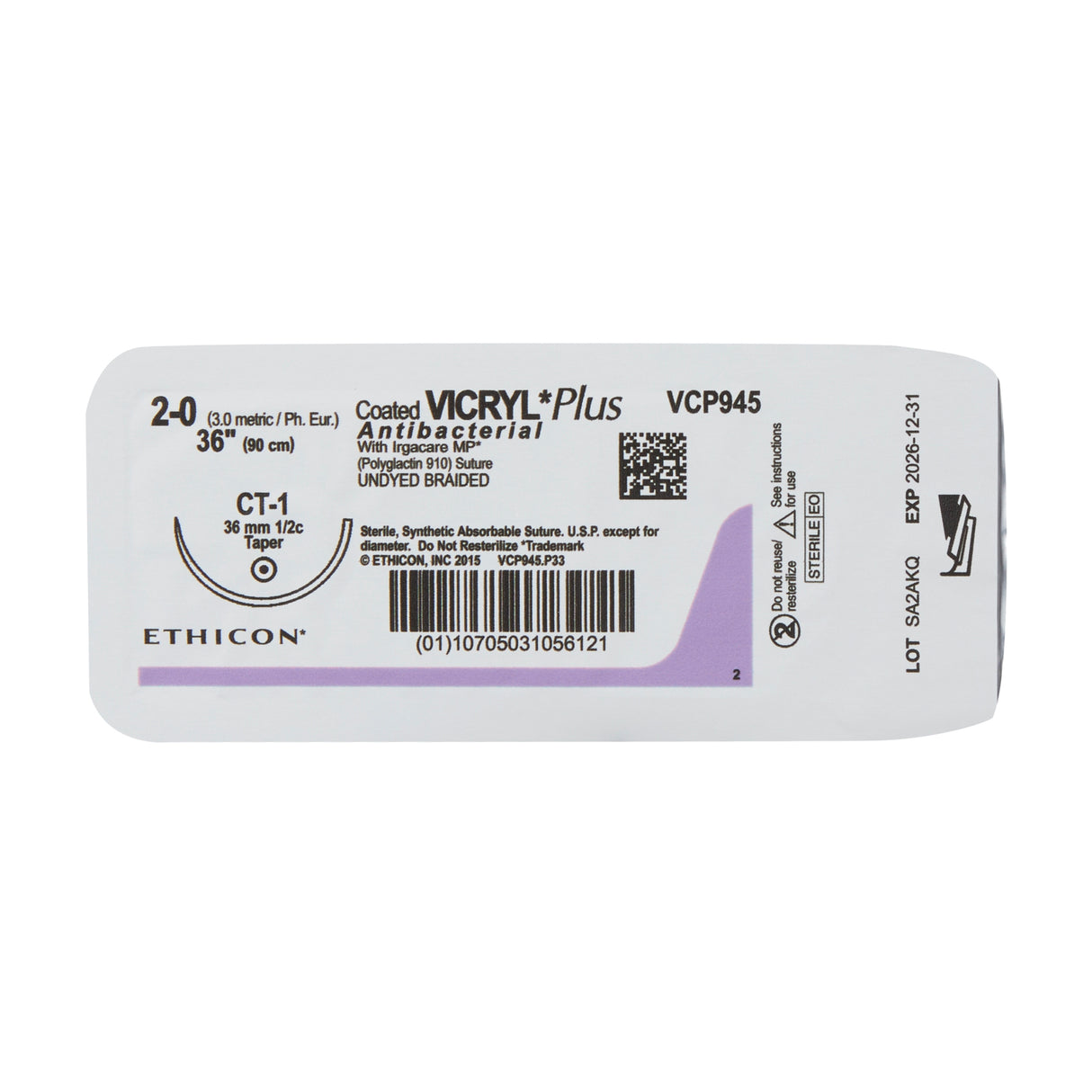 Absorbable Antibacterial Suture with Needle Coated Vicryl™ Plus Polyglactin 910 CT-1 1/2 Circle Taper Point Needle Size 2-0 Braided - BeHope
