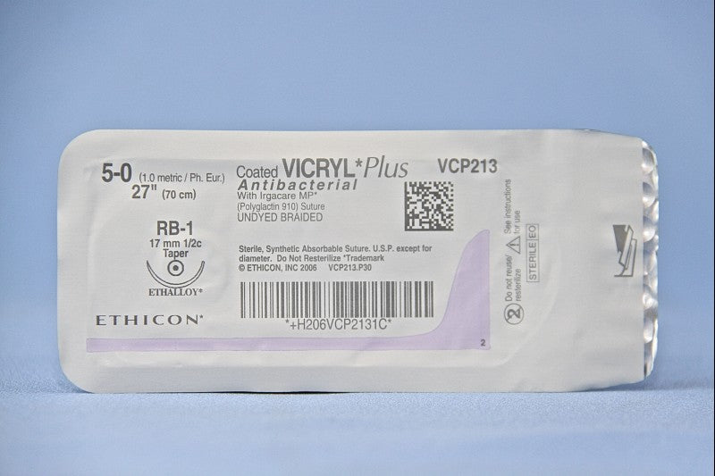 Absorbable Antibacterial Suture with Needle Coated Vicryl™ Plus Polyglactin 910 RB-1 1/2 Circle Taper Point Needle Size 5-0 Braided - BeHope