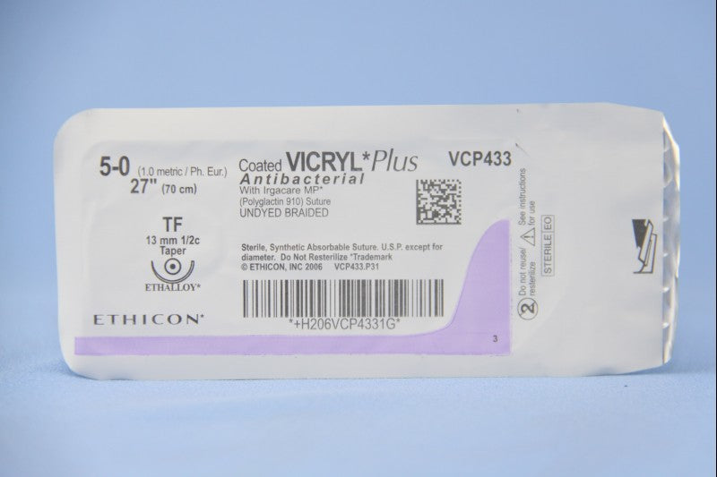 Absorbable Antibacterial Suture with Needle Coated Vicryl™ Plus Polyglactin 910 TF 1/2 Circle Taper Point Needle Size 5-0 Braided - BeHope