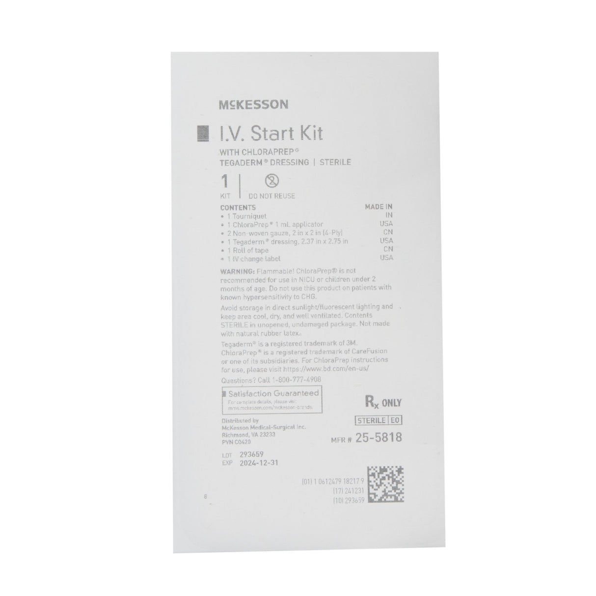 McKesson IV Start Kit with Tegaderm Dressing ChloraPrep - BeHope