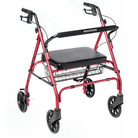 Bariatric 4 Wheel Rollator McKesson Red Adjustable Height / Folding Steel Frame - BeHope