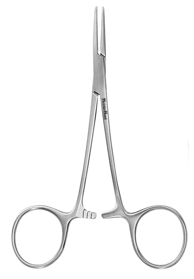 Mosquito Forceps MeisterHand® Halsted 5 Inch Length OR / Surgical Grade German Stainless Steel NonSterile Locking Finger Ring Handle Straight Serrated Tips - BeHope
