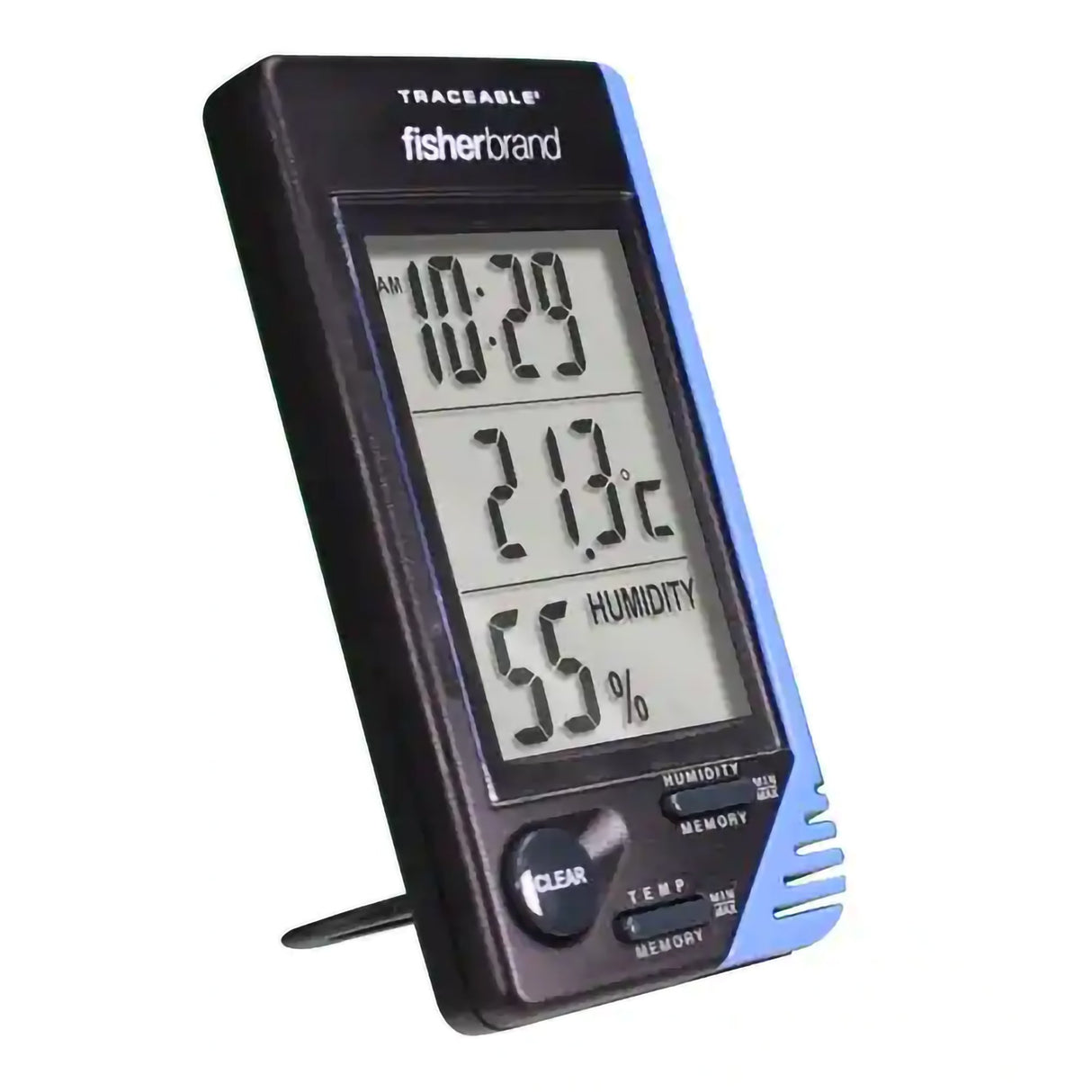 Thermometer / Clock / Humidity Monitor Fisherbrand™ Traceable® Fahrenheit / Celsius 32° to 122°F (0° to 50°C) Internal Sensor Flip-out Stand / Wall Mount Battery Operated - BeHope