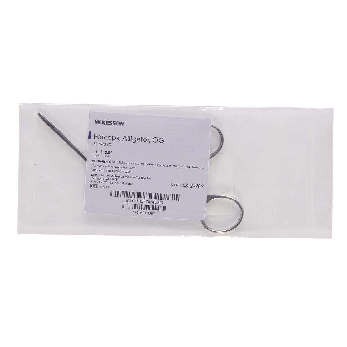 Alligator Forceps McKesson Hartmann 3-1/2 Inch Length Floor / Office Grade Pakistani Stainless Steel NonSterile NonLocking Finger Ring Handle Straight Serrated Tips - BeHope