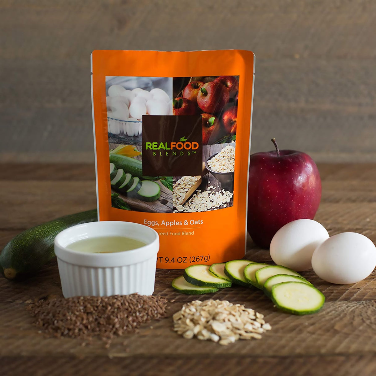 Tube Feeding Formula Real Food Blends® Apples, Whole Eggs, Water, Zucchini, Falxseed Oil, Rolled Oats (Oats are certified gluten-free.) Liquid 9.4 oz. Pouch - BeHope