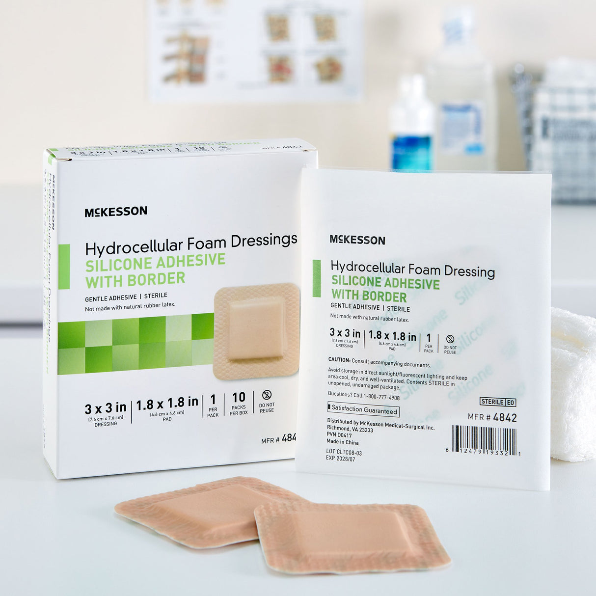 Foam Dressing McKesson 3 X 3 Inch With Border Film Backing Silicone Gel Adhesive Square Sterile - BeHope