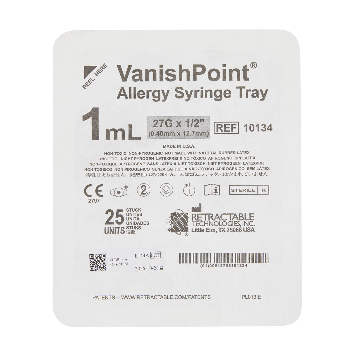 Safety Allergy Tray VanishPoint® 1 mL 1/2 Inch 27 Gauge Retractable Safety Needle Regular Wall - BeHope