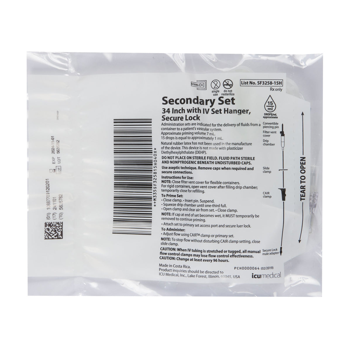 Secondary IV Administration Set ICU Gravity Without Ports 15 Drops / mL Drip Rate Without Filter 37 Inch Tubing Solution - BeHope