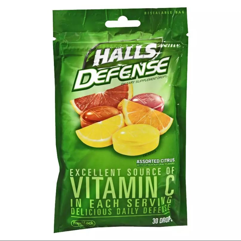 Vitamin C Supplement Halls® Defense Ascorbic Acid 60 mg Strength Lozenge 30 per Bag Citrus Flavor - BeHope