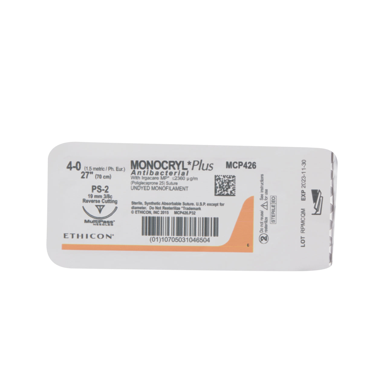Absorbable Antibacterial Suture with Needle Monocryl™ Plus Poliglecaprone 25 with Irgacare MP Antibacterial Suture PS-2 3/8 Circle Precision Reverse Cutting Needle Size 4-0 Monofilament - BeHope