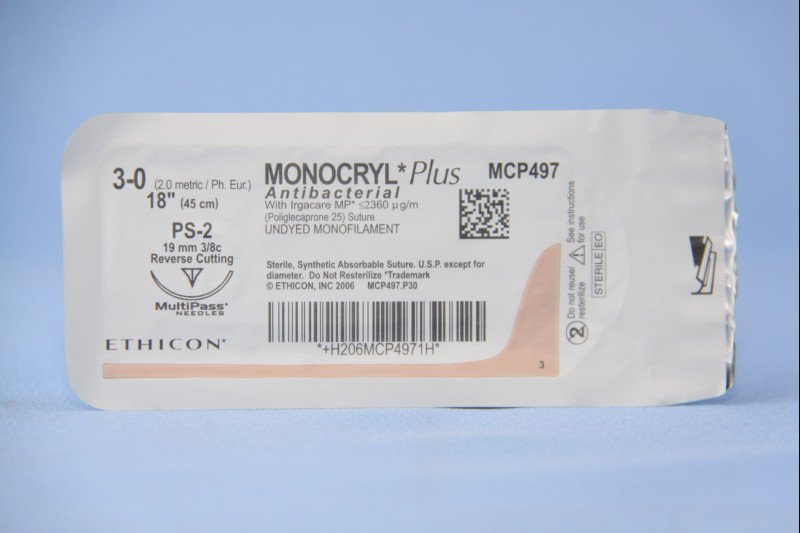 Absorbable Antibacterial Suture with Needle Monocryl™ Plus Poliglecaprone 25 with Irgacare MP Antibacterial Suture PS-2 3/8 Circle Precision Reverse Cutting Needle Size 3-0 Monofilament - BeHope