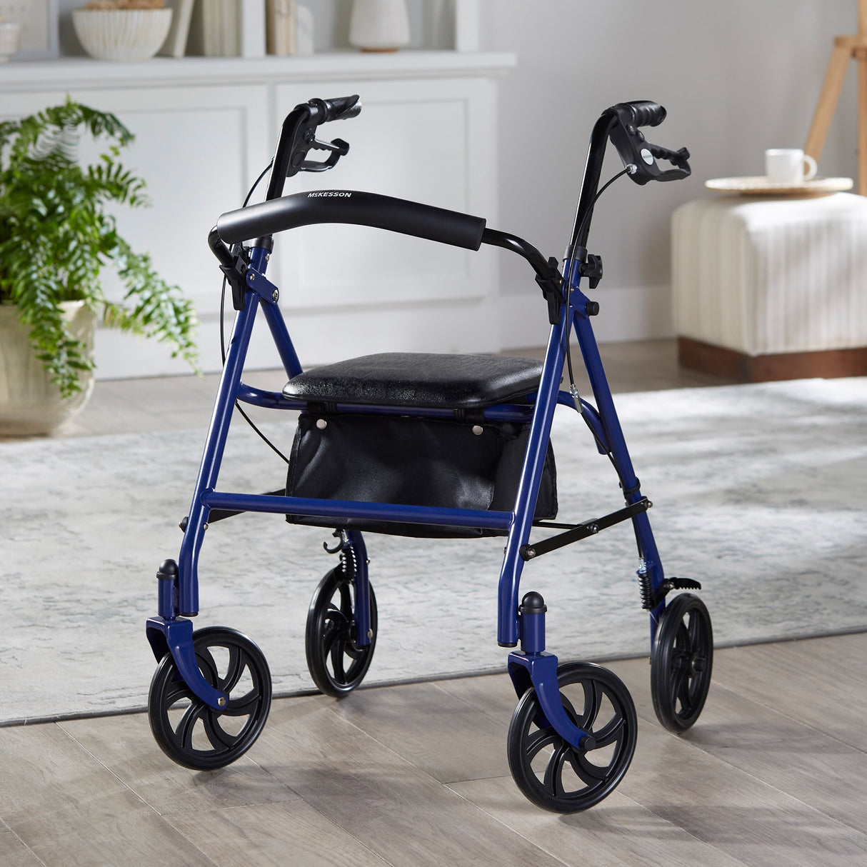 4 Wheel Rollator McKesson Blue Adjustable Height / Folding Steel Frame - BeHope