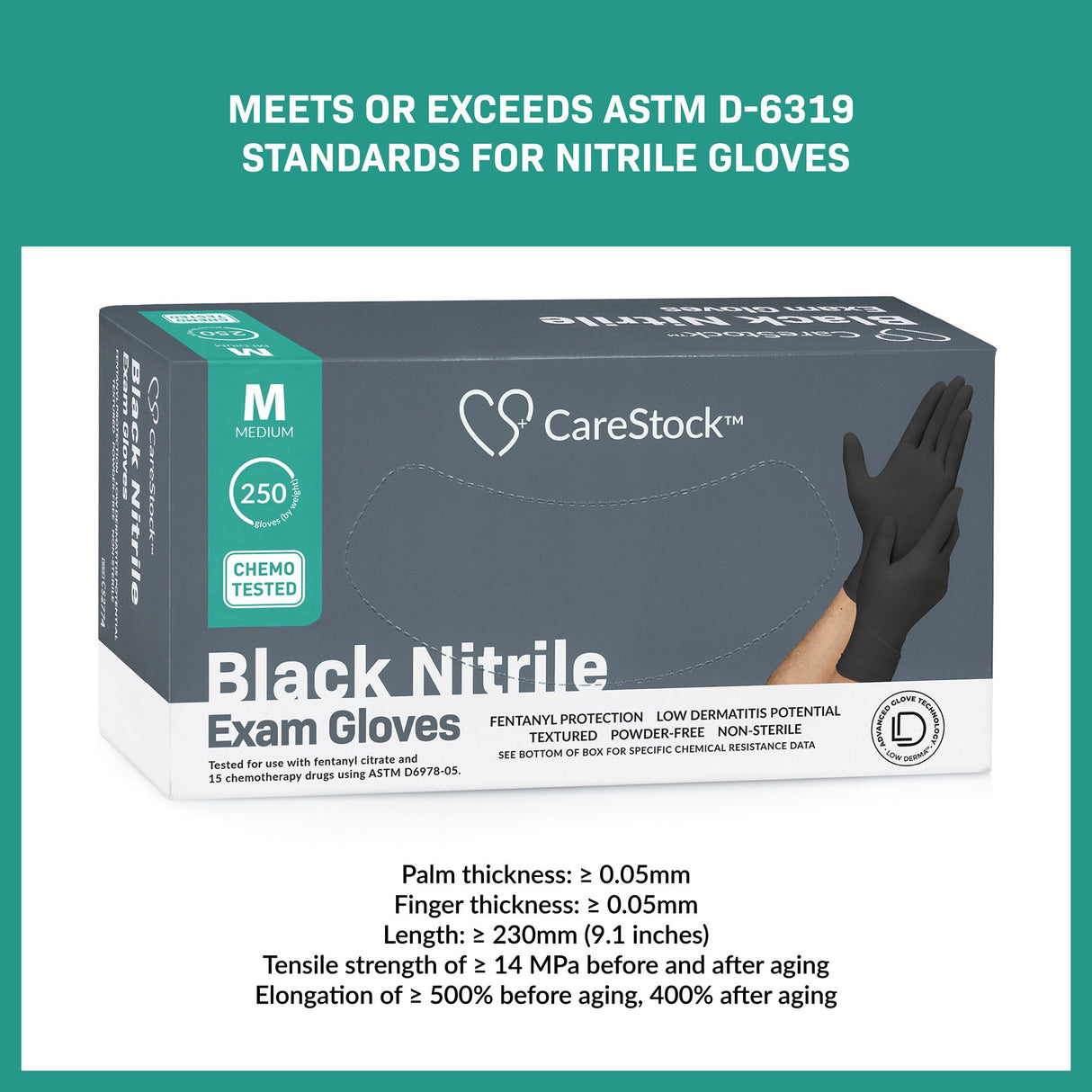 Exam Glove CareStock™ Medium NonSterile Nitrile Standard Cuff Length Fully Textured Black Not Rated - BeHope
