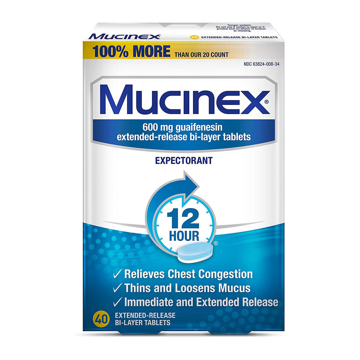 Cold and Cough Relief Mucinex® 600 mg Strength Tablet 40 per Box - BeHope