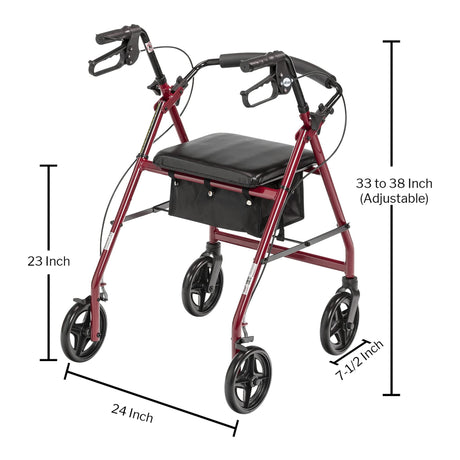 4 Wheel Rollator McKesson Red Adjustable Height Aluminum Frame - BeHope