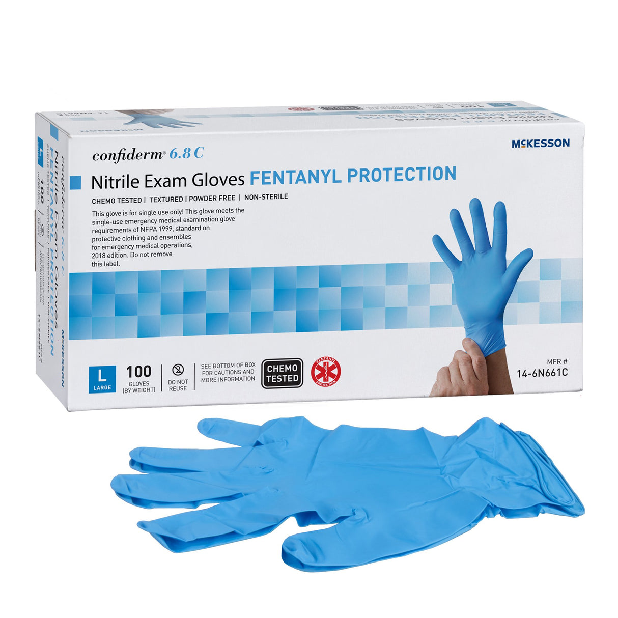 Exam Glove McKesson Confiderm® 6.8C Large NonSterile Nitrile Standard Cuff Length Fully Textured Blue Chemo Tested / Fentanyl Tested - BeHope