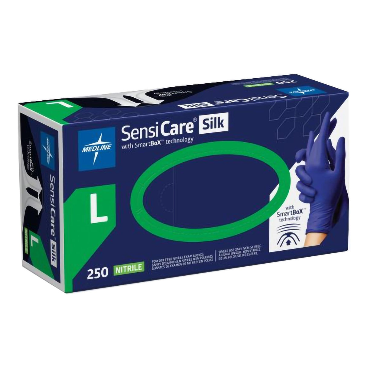 Exam Glove SensiCare® Silk Large NonSterile Nitrile Standard Cuff Length Textured Fingertips Dark Blue Chemo Tested - BeHope