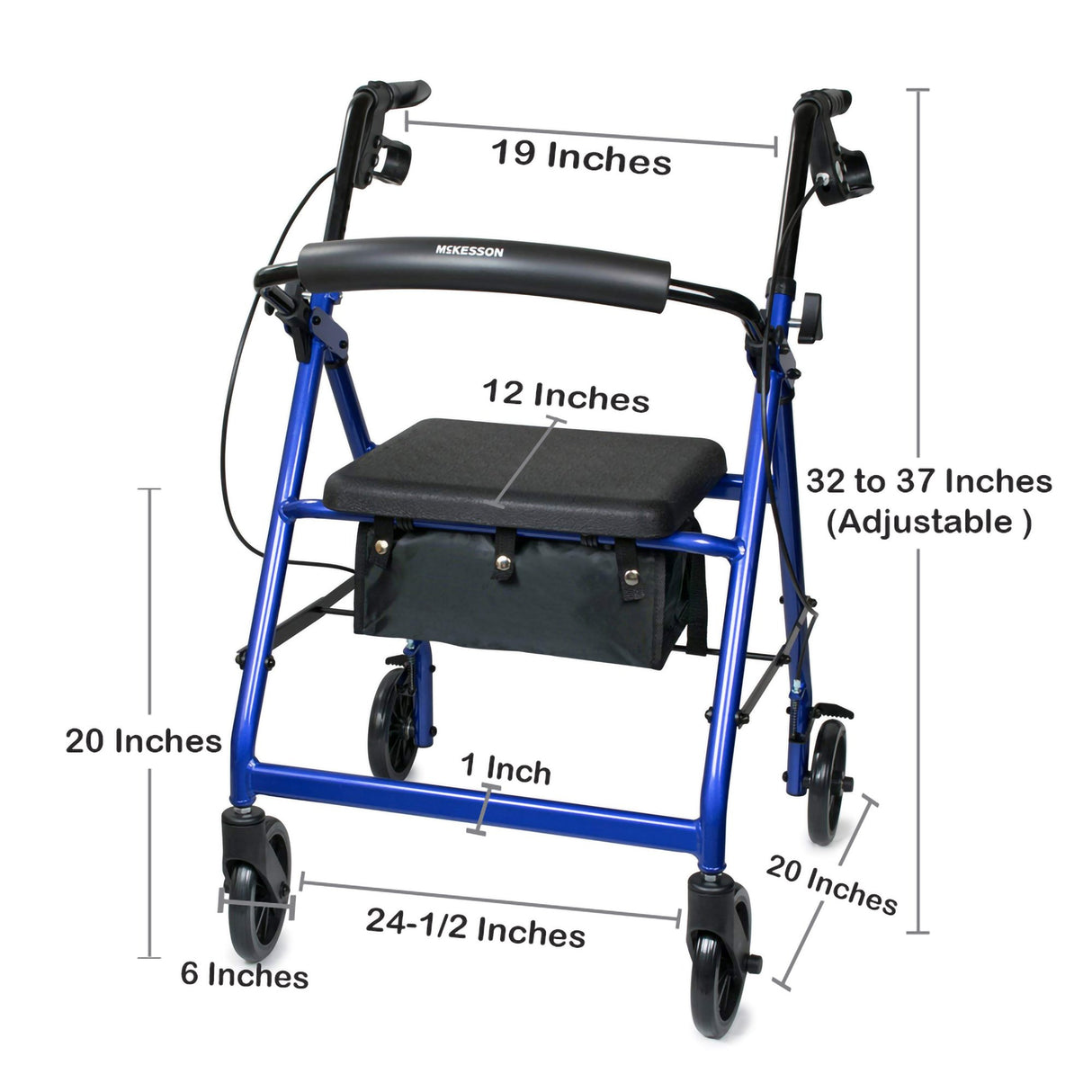 4 Wheel Rollator McKesson Blue Adjustable Height / Folding Aluminum Frame - BeHope