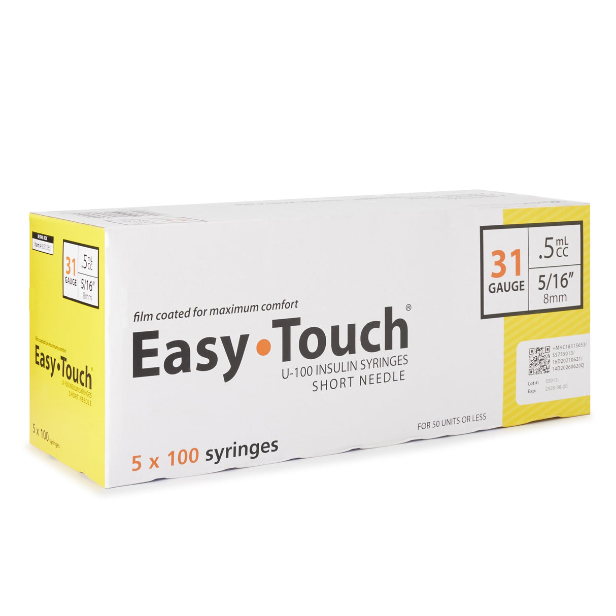 Standard Insulin Syringe with Needle EasyTouch™ 0.5 mL 5/16 Inch 31 Gauge NonSafety Thin Wall - BeHope