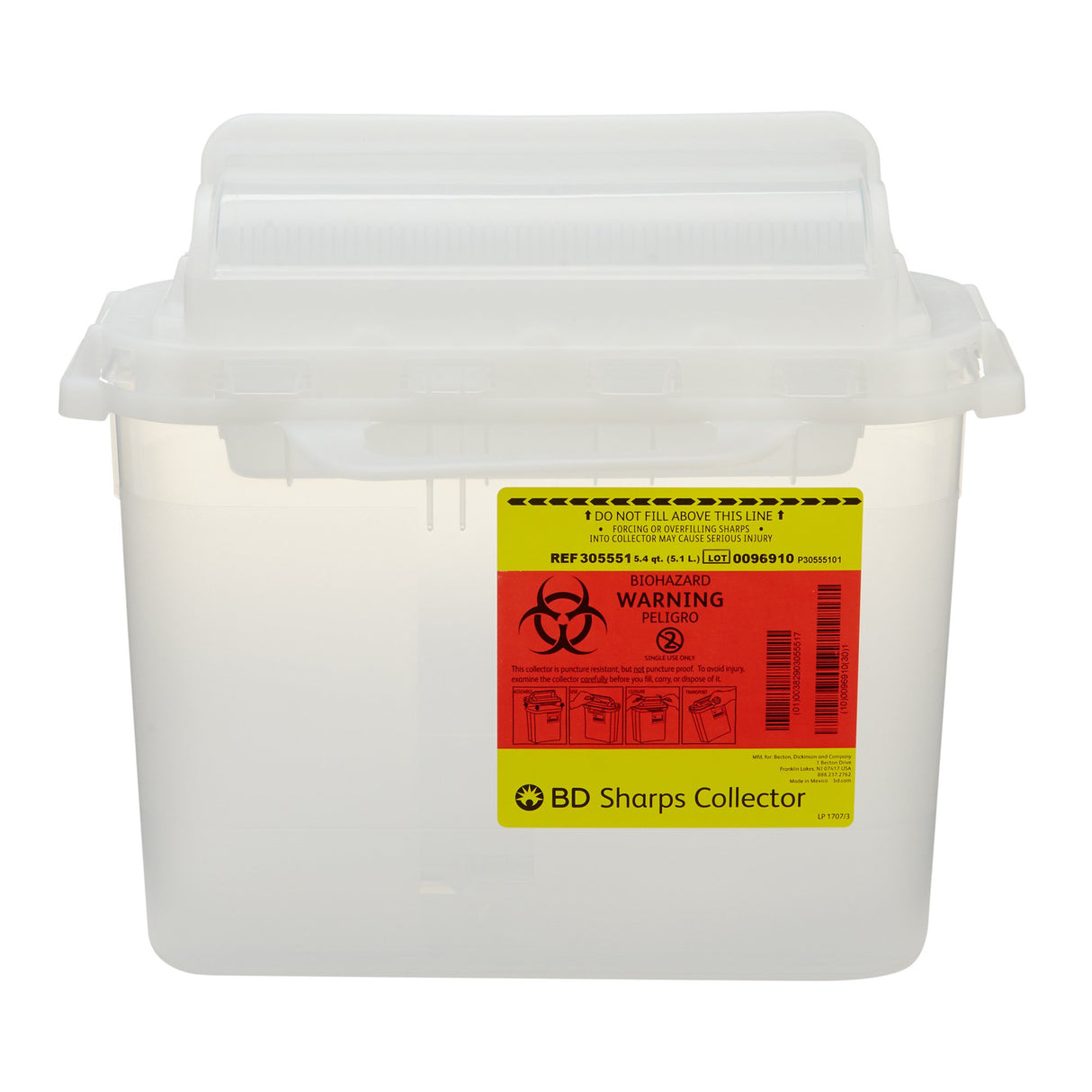 Sharps Container BD™ Translucent White Base 12 H X 12 W X 4-4/5 D Inch Horizontal Entry 1.35 Gallon - BeHope