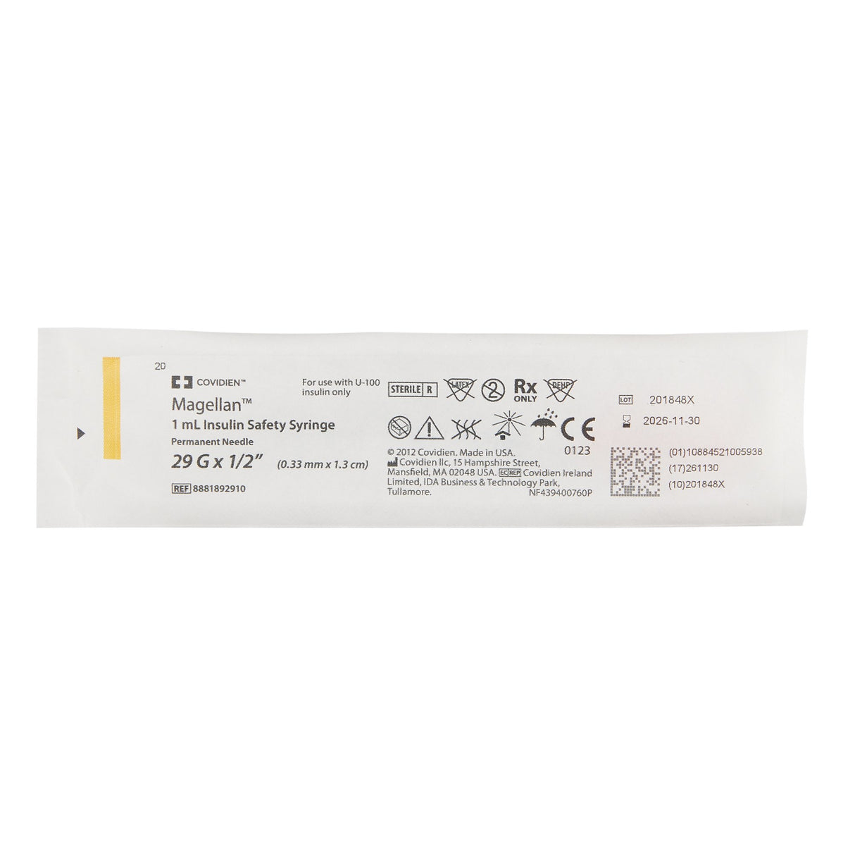 Safety Insulin Syringe with Needle Magellan™ 1 mL 1/2 Inch 29 Gauge Sliding Safety Needle Regular Wall - BeHope