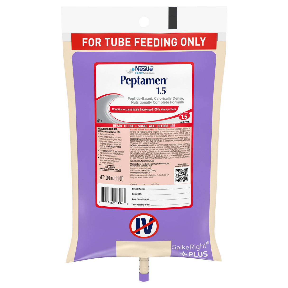 Tube Feeding Formula Peptamen® 1.5 Unflavored Liquid 1000 mL Ready to Hang Prefilled Container - BeHope