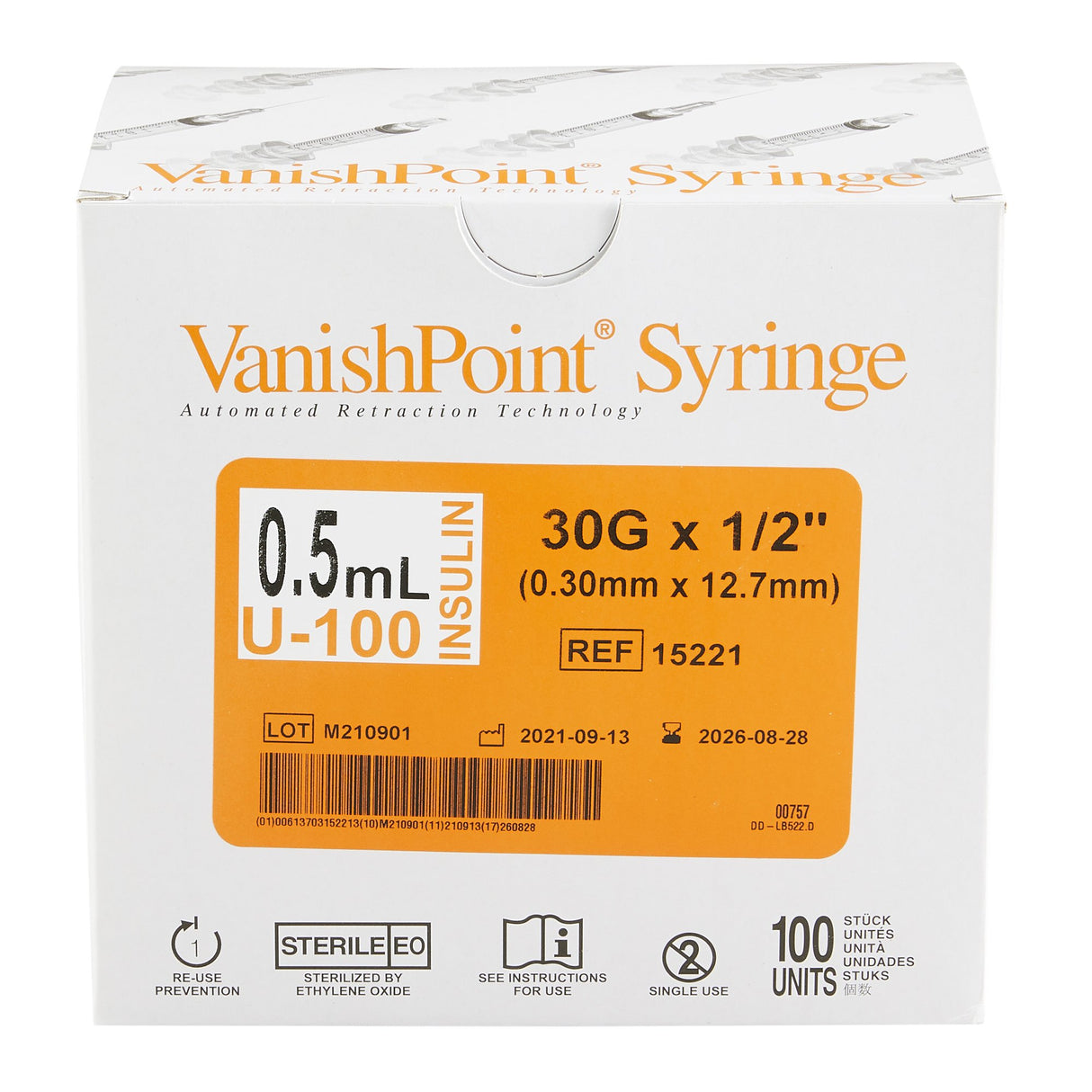 Safety Insulin Syringe with Needle VanishPoint® 0.5 mL 1/2 Inch 30 Gauge Retractable Safety Needle Regular Wall - BeHope