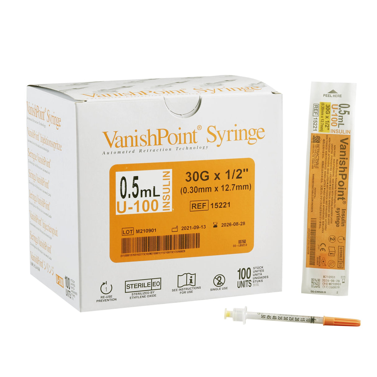 Safety Insulin Syringe with Needle VanishPoint® 0.5 mL 1/2 Inch 30 Gauge Retractable Safety Needle Regular Wall - BeHope