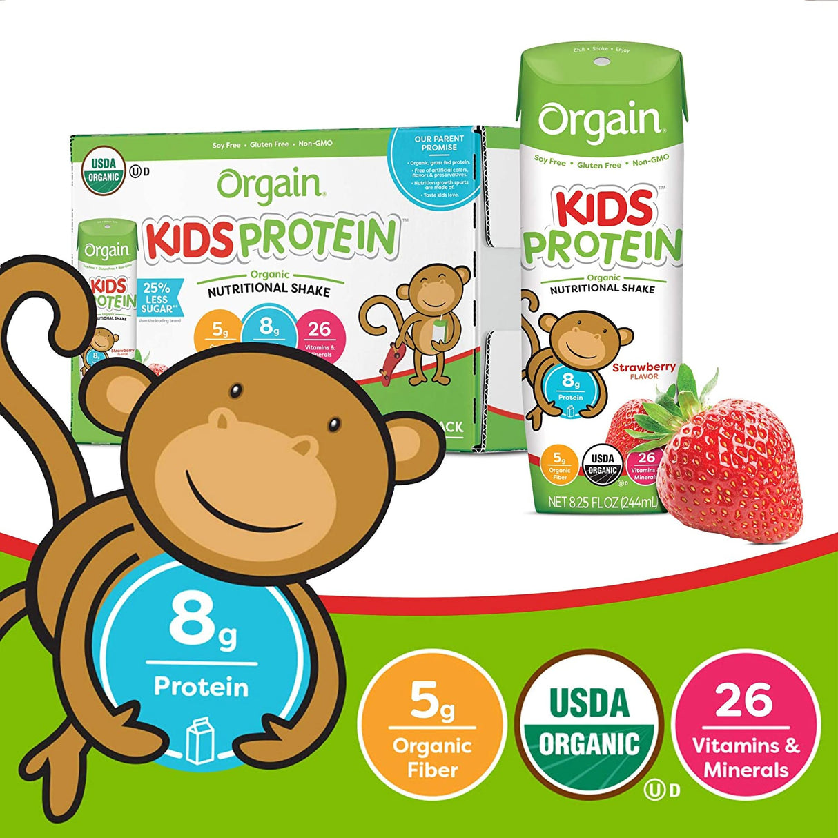 Pediatric Oral Supplement Orgain® Kids Protein™ Organic Nutritional Shake Strawberry Flavor 8.25 oz. Carton Liquid Organic - BeHope