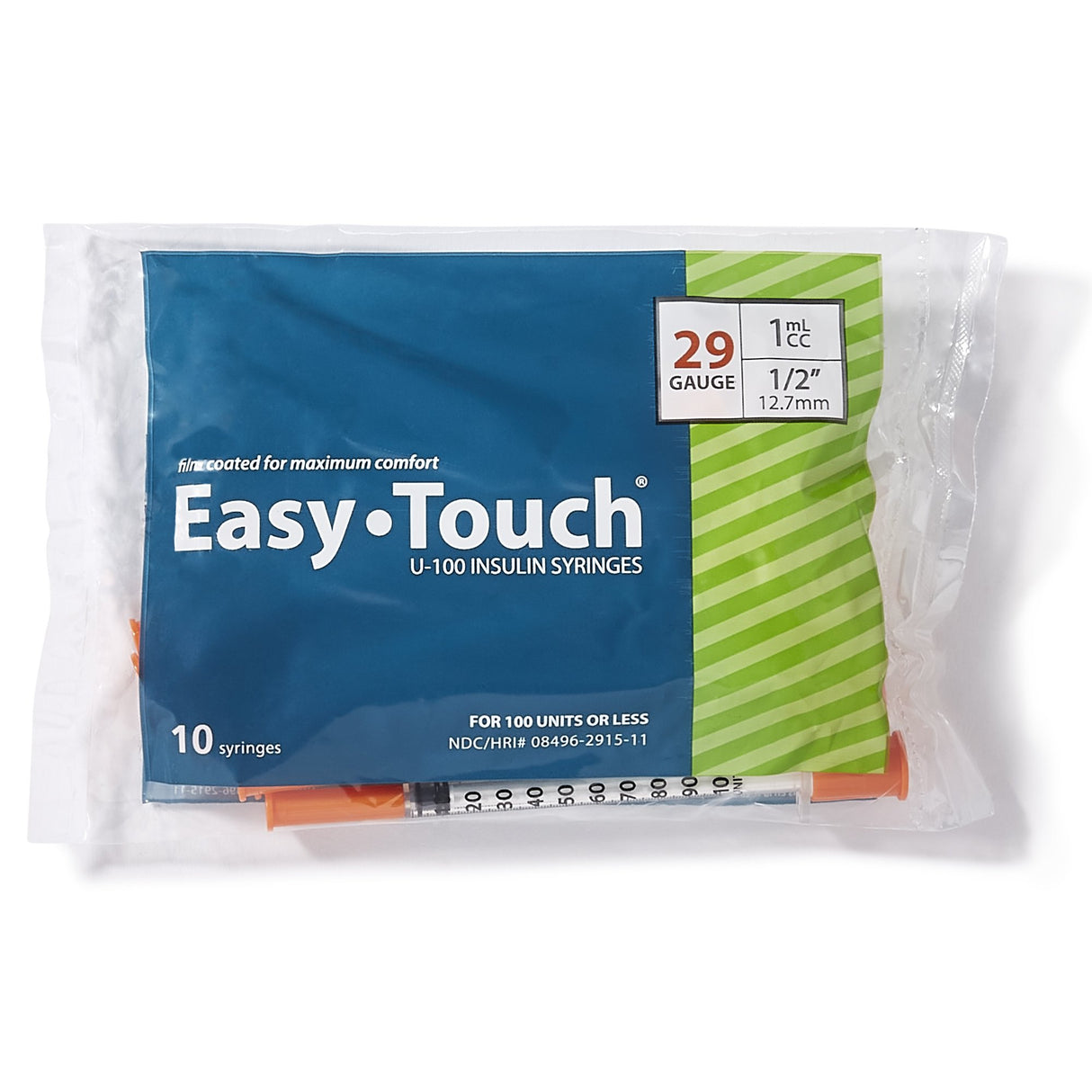 Standard Insulin Syringe with Needle EasyTouch™ 1 mL 1/2 Inch 29 Gauge NonSafety Thin Wall - BeHope