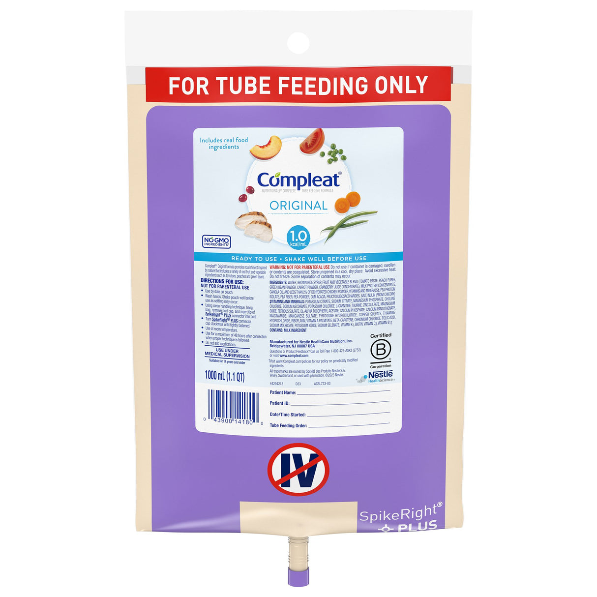 Tube Feeding Formula Compleat® Original Unflavored Liquid 1000 mL Ready to Hang Prefilled Container - BeHope