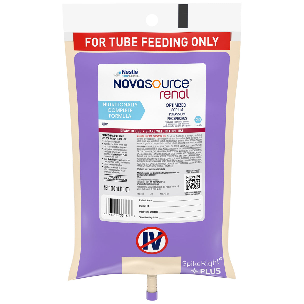 Tube Feeding Formula Novasource® Renal Unflavored Liquid 1000 mL Ready to Hang Prefilled Container - BeHope