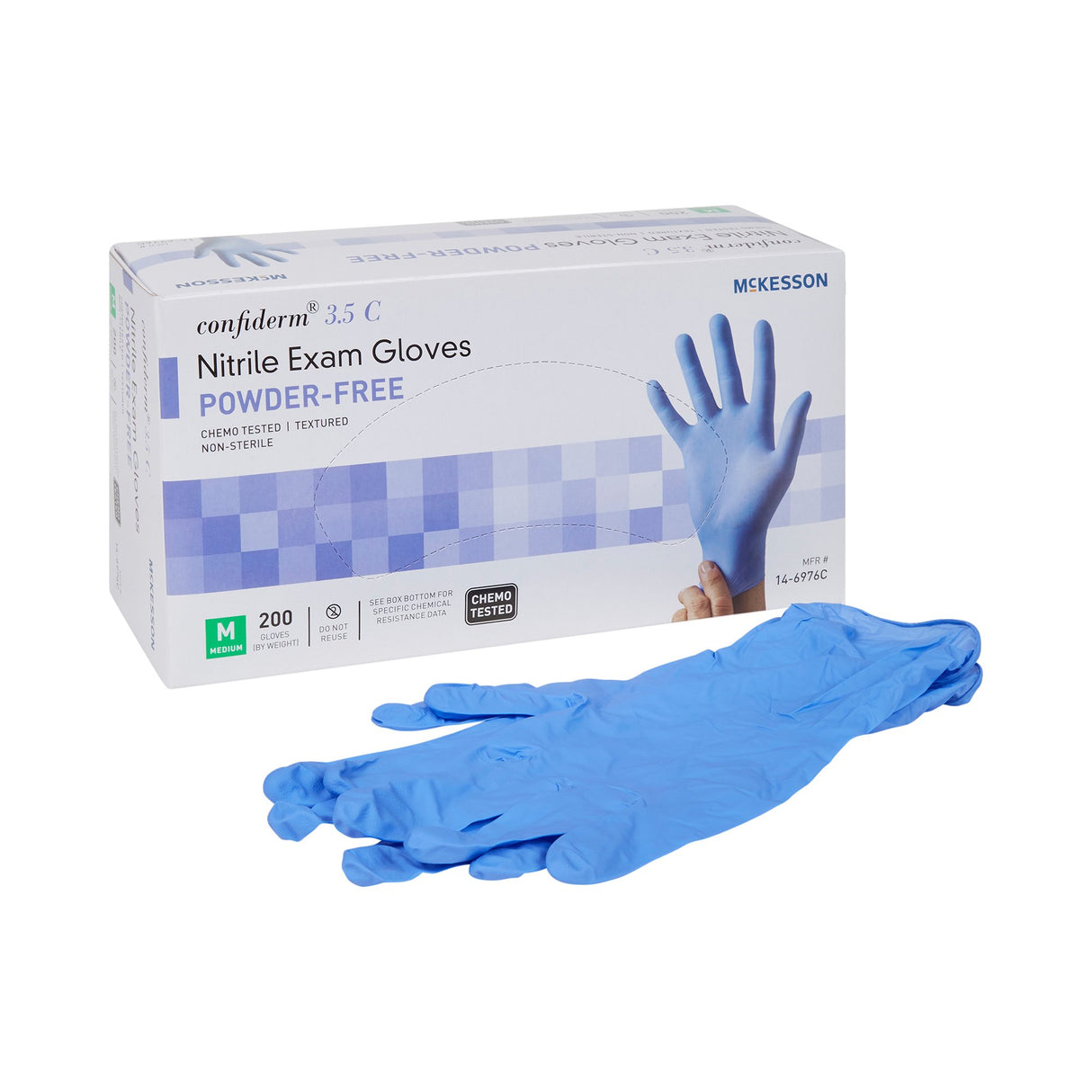 Exam Glove McKesson Confiderm® 3.5C Medium NonSterile Nitrile Standard Cuff Length Textured Fingertips Blue Chemo Tested - BeHope