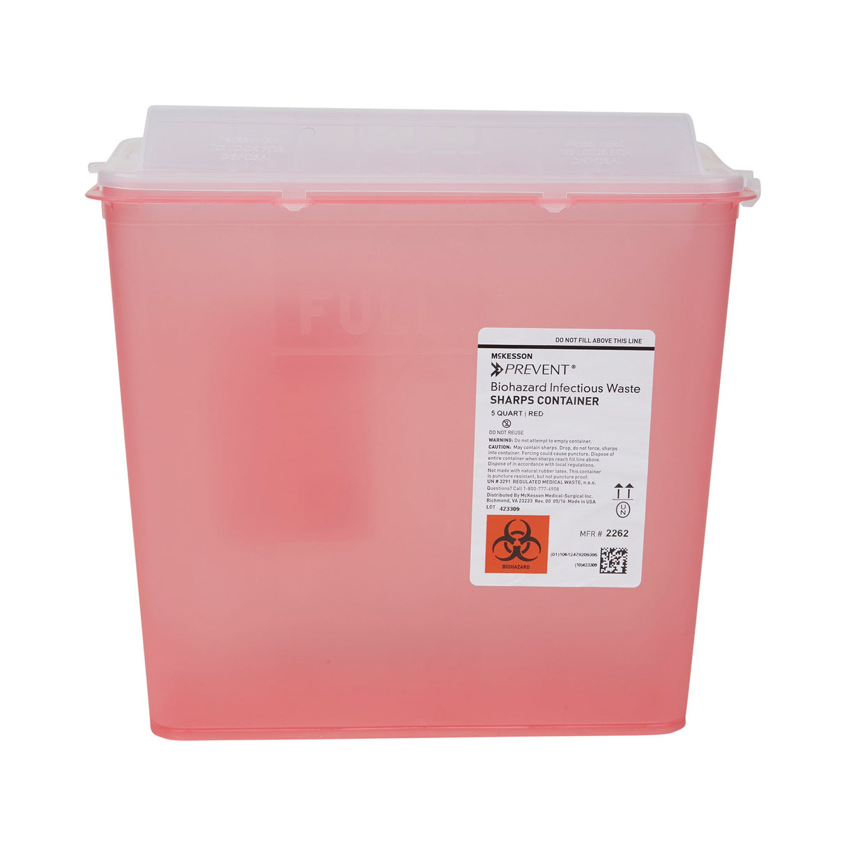 Sharps Container McKesson Prevent® Translucent Red Base 10-3/4 H X 10-1/2 W X 4-3/4 D Inch Horizontal Entry 1.25 Gallon - BeHope