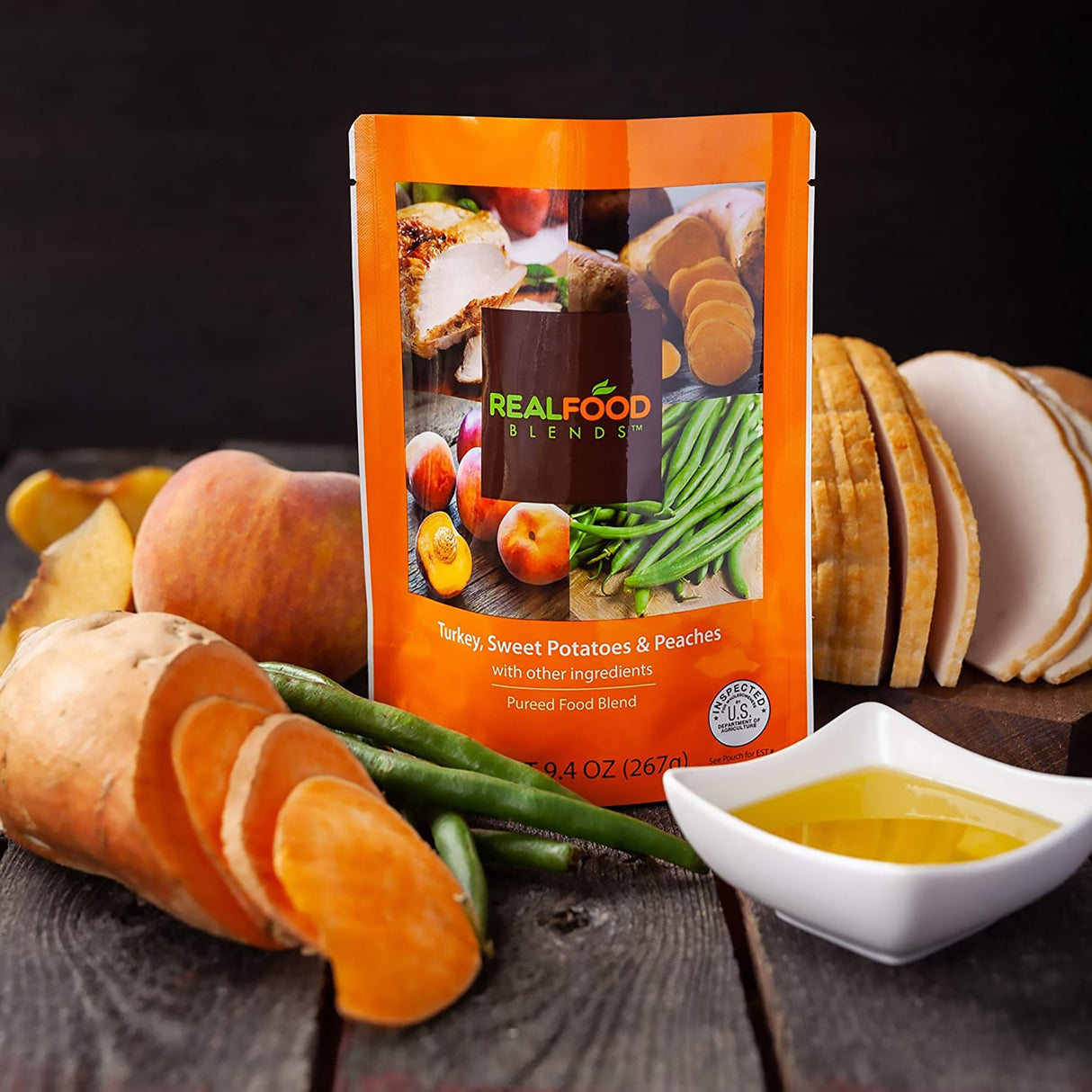 Tube Feeding Formula Real Food Blends® Turkey / Sweet Potatoes / Peaches Flavor Liquid 9.4 oz. Pouch - BeHope