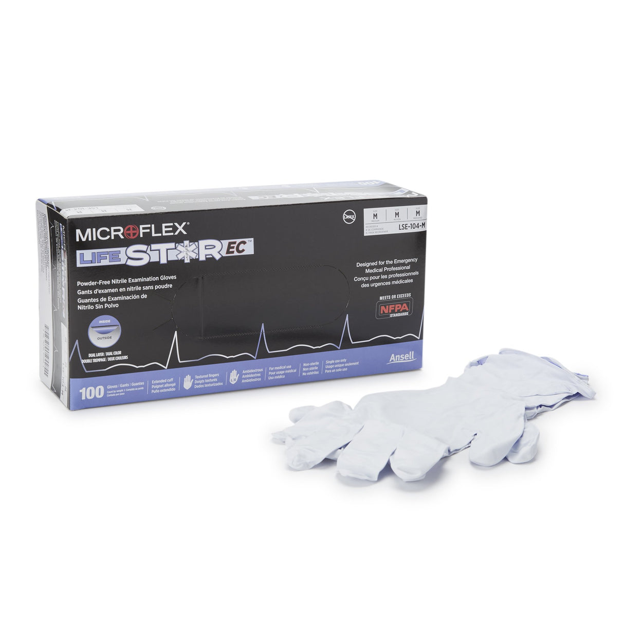 Exam Glove LifeStar™ EC Medium NonSterile Nitrile Extended Cuff Length Textured Fingertips White / Blue Fentanyl Tested - BeHope