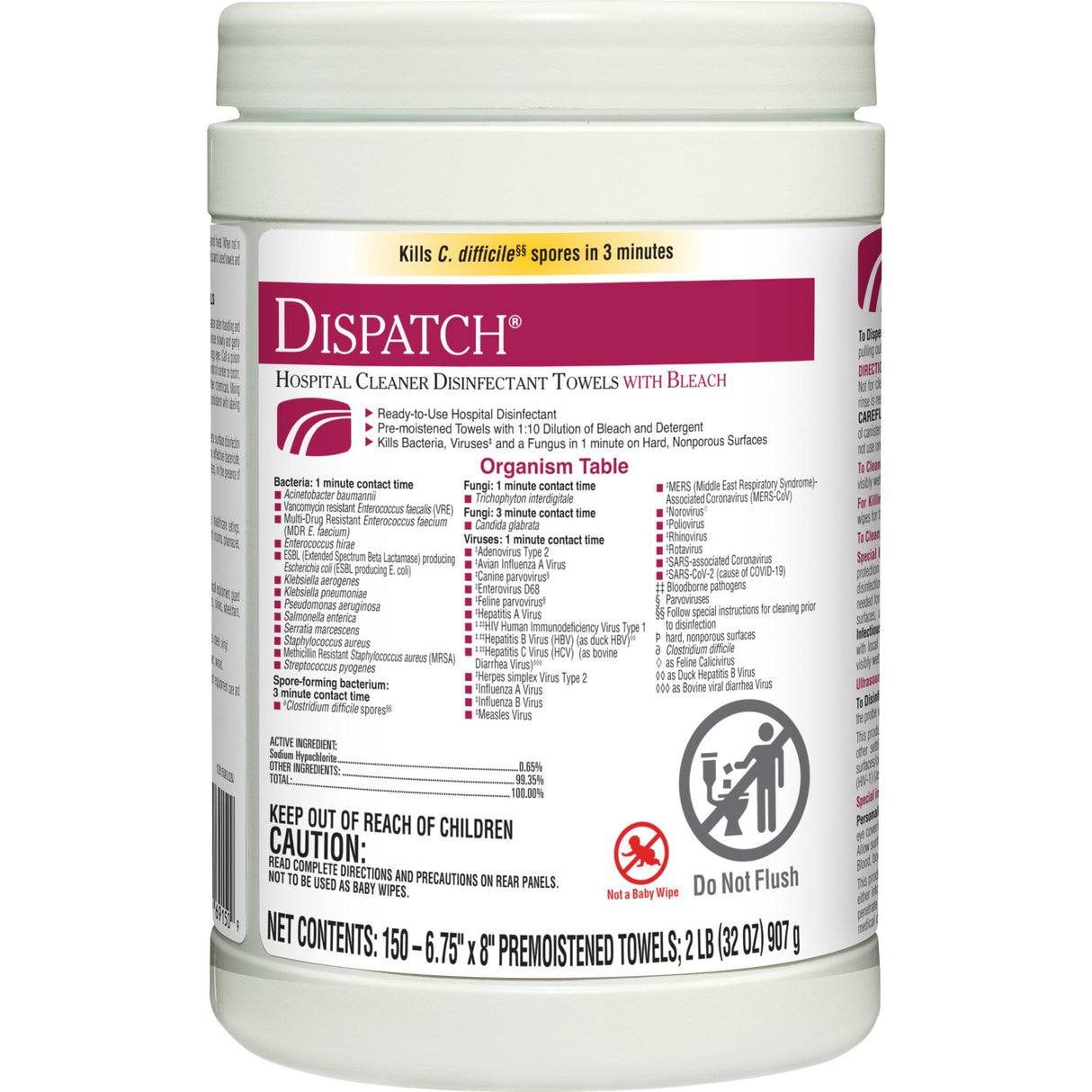 Surface Disinfectant Cleaner Dispatch® with Bleach Premoistened Manual Pull Wipe 150 Count Canister Fruity Floral Bleach Scent NonSterile - BeHope