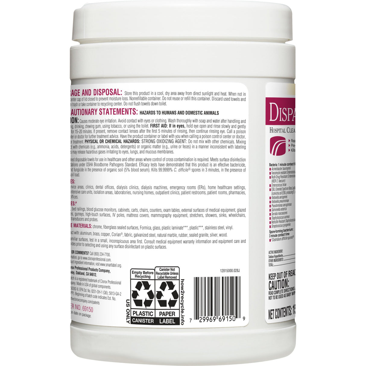 Surface Disinfectant Cleaner Dispatch® with Bleach Premoistened Manual Pull Wipe 150 Count Canister Fruity Floral Bleach Scent NonSterile - BeHope