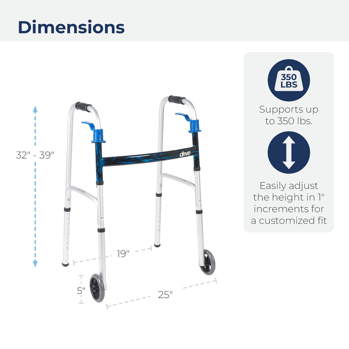 Dual Trigger Release Folding Walker with Wheels Adjustable Height drive™ Aluminum Frame 350 lbs. Weight Capacity 32 to 39 Inch Height - BeHope