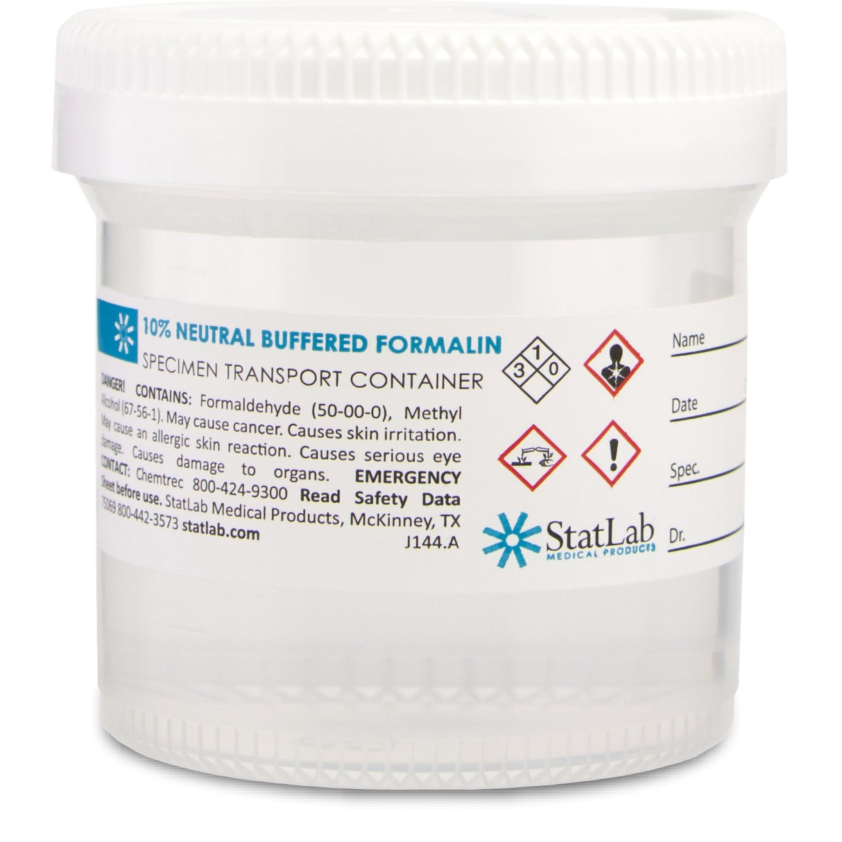 Prefilled Formalin Container StatClick™ 45 mL Fill in 90 mL (3 oz.) Screw Cap Warning Label NonSterile - BeHope