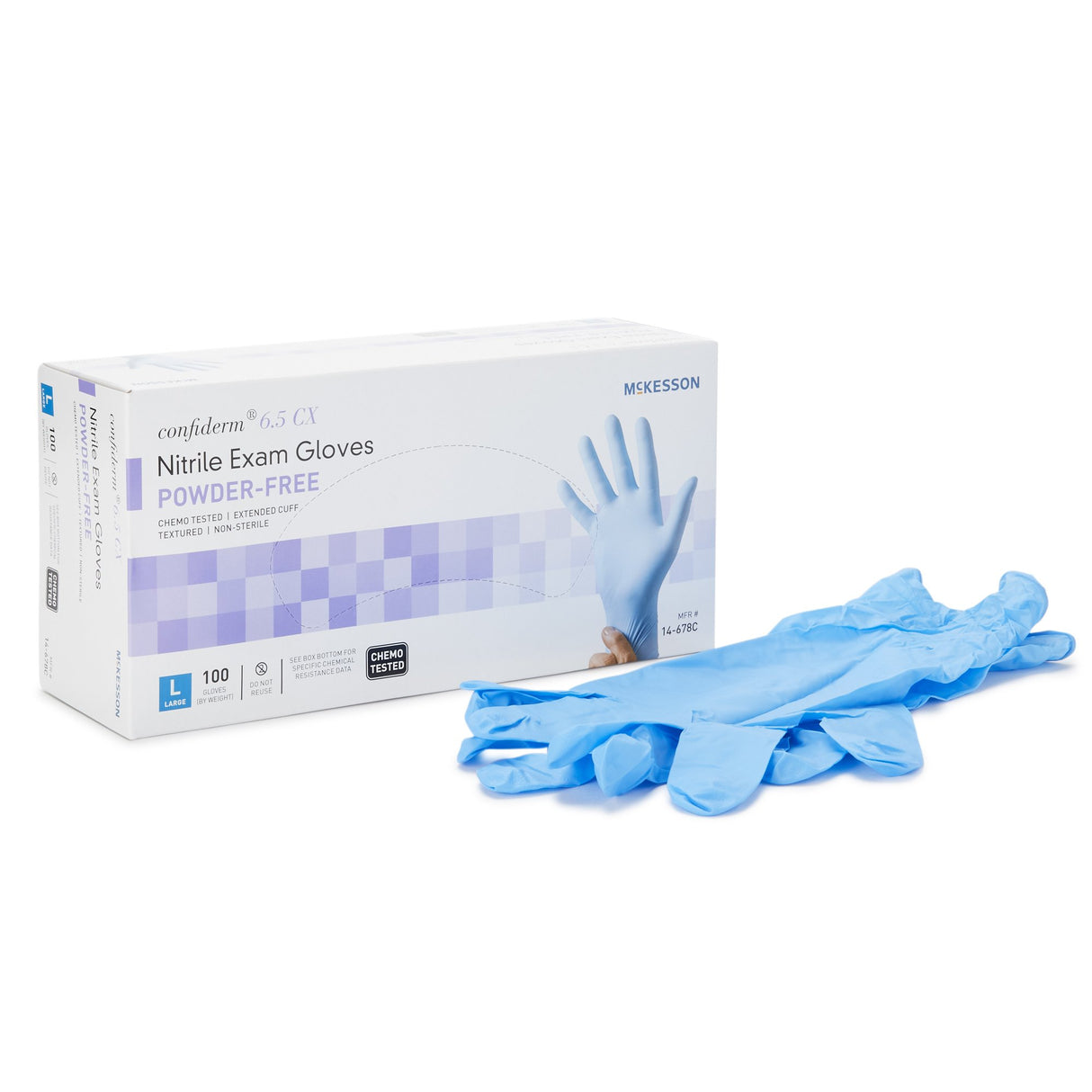 Exam Glove McKesson Confiderm® 6.5CX Large NonSterile Nitrile Extended Cuff Length Textured Fingertips Blue Chemo Tested - BeHope