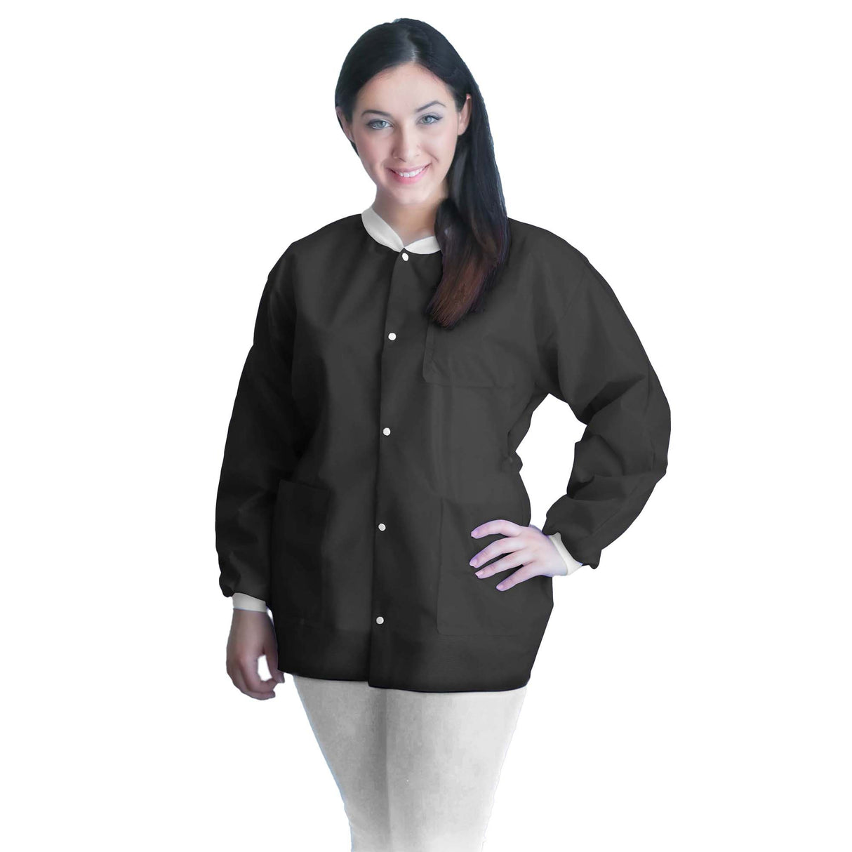Lab Jacket FitMe™ Black Medium Hip Length 3-Layer SMS Disposable - BeHope