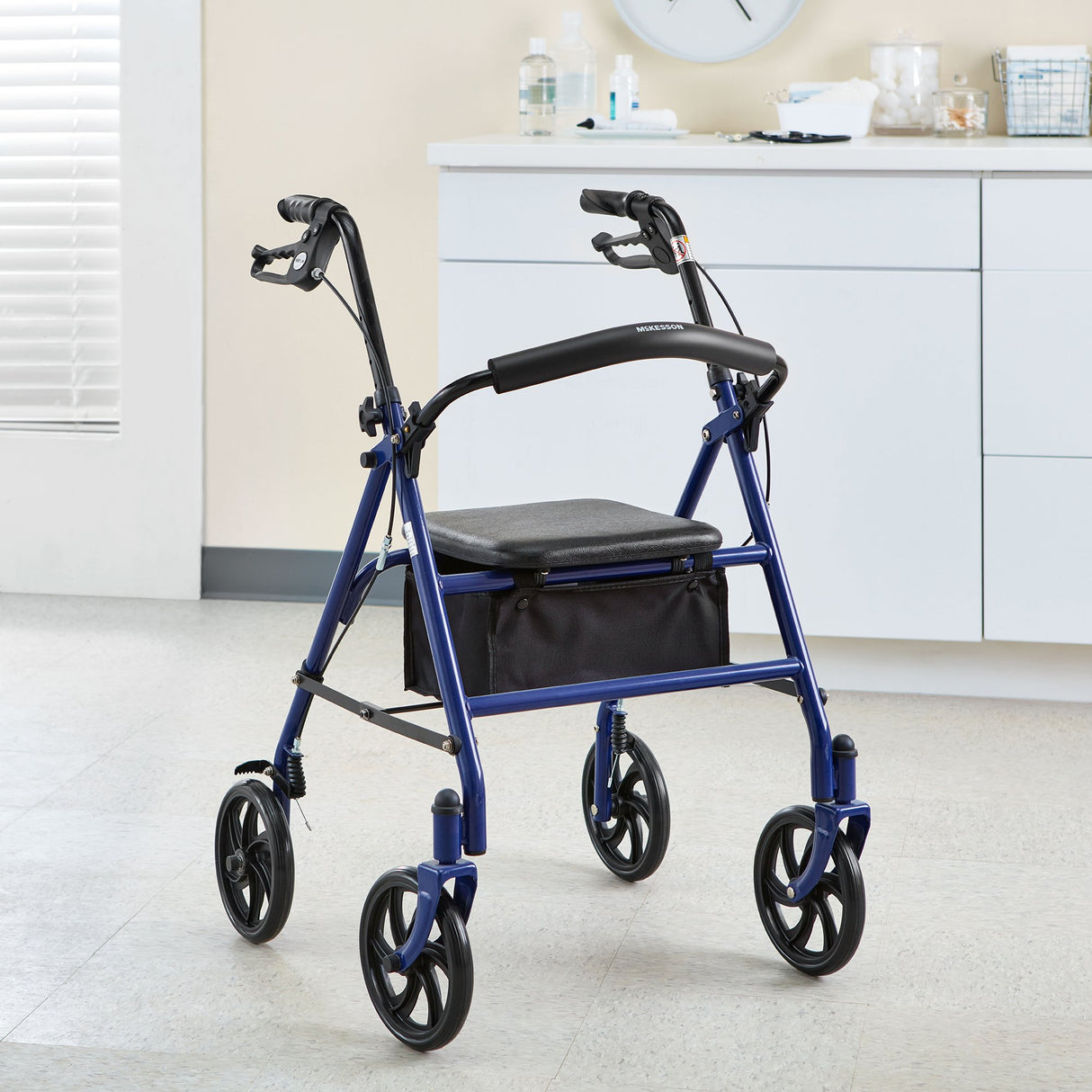 4 Wheel Rollator McKesson Blue Adjustable Height / Folding Steel Frame - BeHope