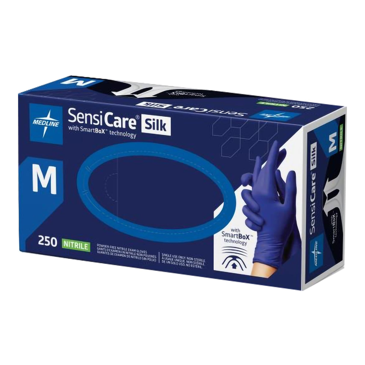 Exam Glove SensiCare® Silk Medium NonSterile Nitrile Standard Cuff Length Textured Fingertips Dark Blue Chemo Tested - BeHope